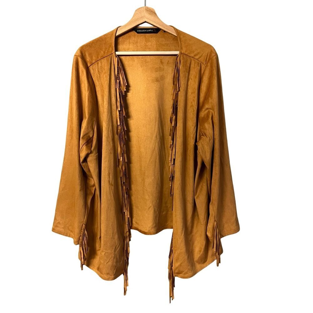 Colleen Lopez Womens Western Fringe Kimono Cardigan Size 2X Faux Suede Boho 70s